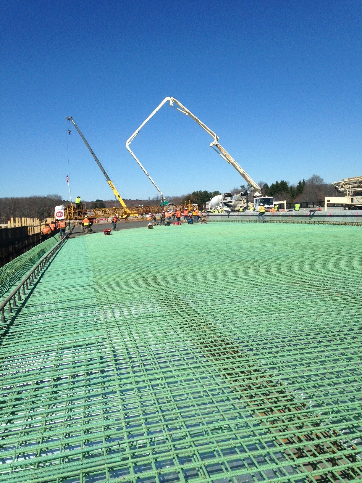 Steel rebar framework on a bridge deck construction site